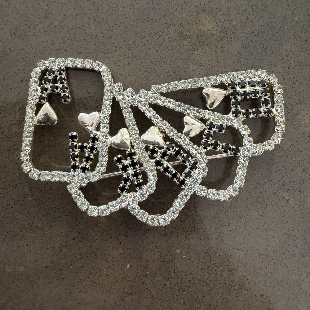 Vtg Poker Cards Casino ROYAL STRAIGHT Poker Rhinestone Brooch Pin